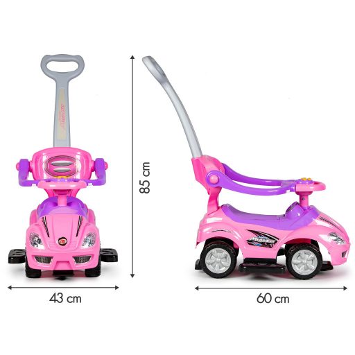 Ride-on autó tolóautó 3 az 1-ben deluxe fogantyúval és zenélő panellel rózsaszín