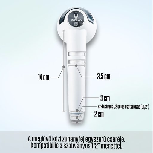POSEION BT100® Prémium koreai revitalizáló zuhanyfej vízszűrővel, mágneses-ionizáló technológiával, szürke