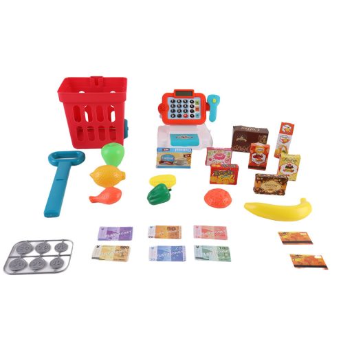 Játék bolti pénztárgép tele bevásárlókocsival, 32 db-os