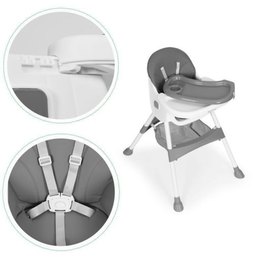 Gyerek etetőszék tálcával és kosárral 5 pontos biztonsági övvel szürke