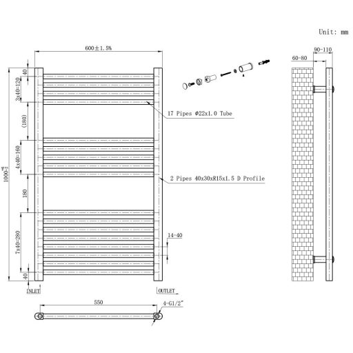 Egyenes törölközőszárító radiátor 1000x600 mm fekete