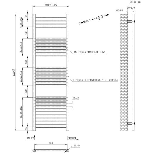Egyenes törölközőszárító radiátor 1600x500 mm fehér